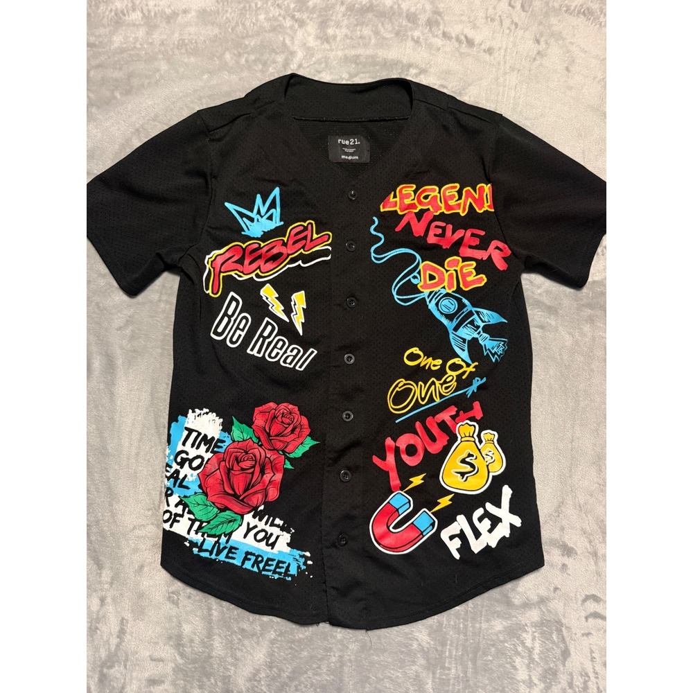 rue21‎ Baseball Jersey Mens Medium Black Graffiti Rebel Be Real Graphic Mesh
